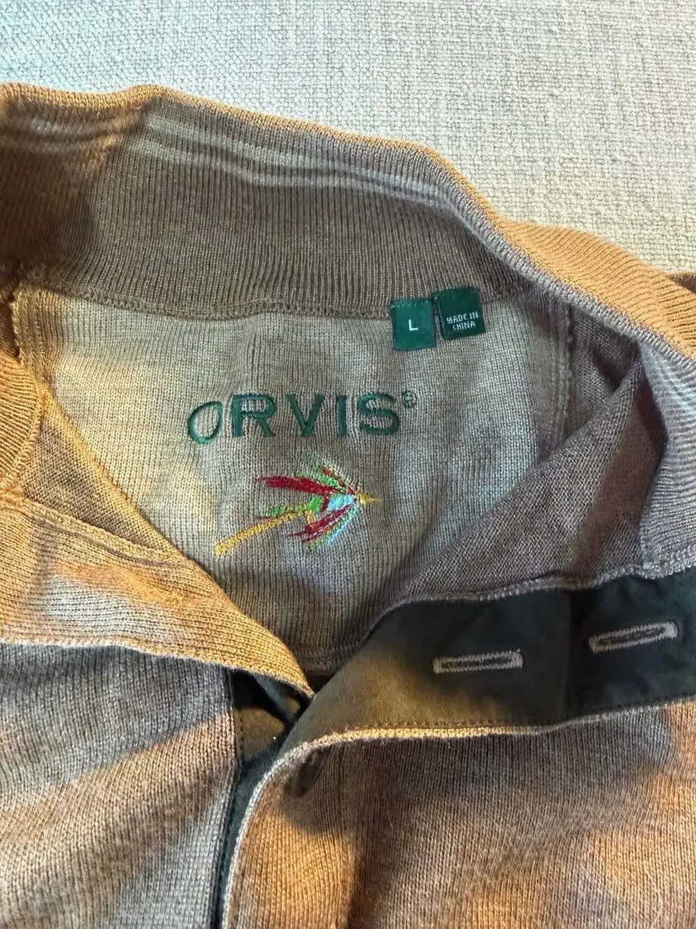 Orvis Men's Brown Button-Front Mock Neck Sweater Size Large